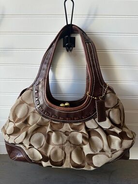 Coach Brown/Tan Signature Shoulder Bag with Leather Trim
